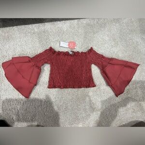 Coral Off-Shoulder Bell Sleeve Crop Top